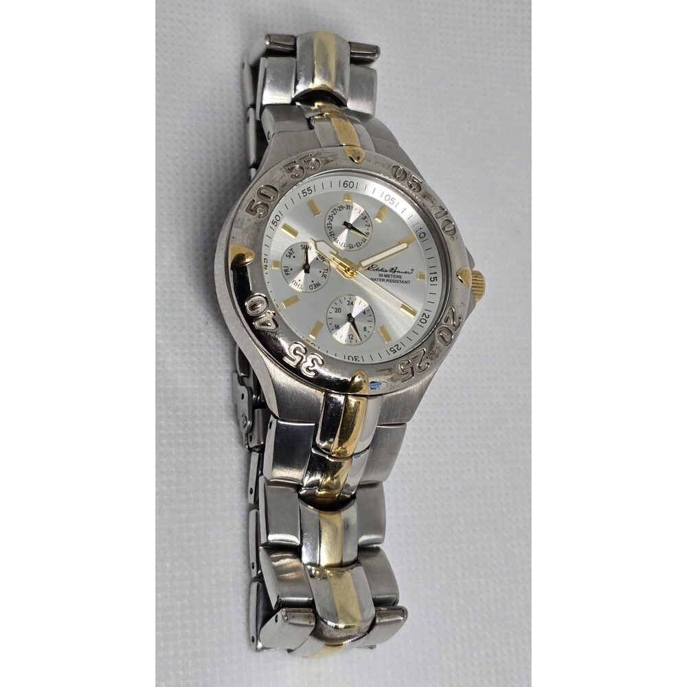 Men's Eddie Bauer Textured 3 Eye Silver Gold Two Tone Case Bracelet Watch 11 - Picture 5 of 8